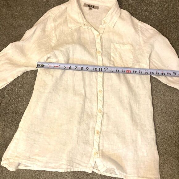 Flax 100% Linen Textured White Long Sleeve Ivory Classic One Pocket Button Down - Picture 7 of 8